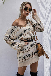 Letter Print Distressed Hem Sweater Dress Ins Street